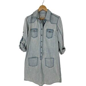 Ryan Michael Snap Up Chambray Denim Western Whipstitch Shirt-dress Light Wash M‎